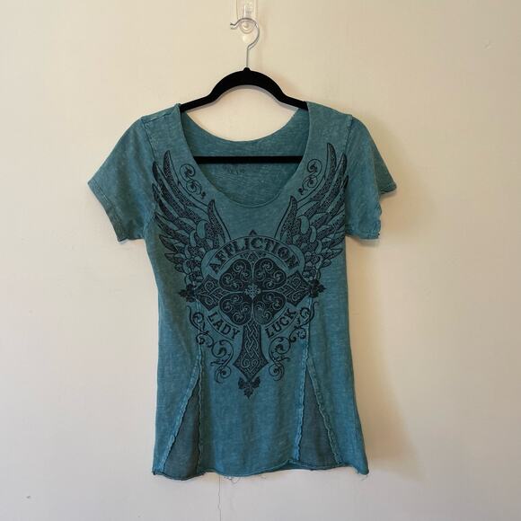 Affliction M short sleeve t-shirt green cross Lady Luck boho punk Angel wings - Picture 1 of 7